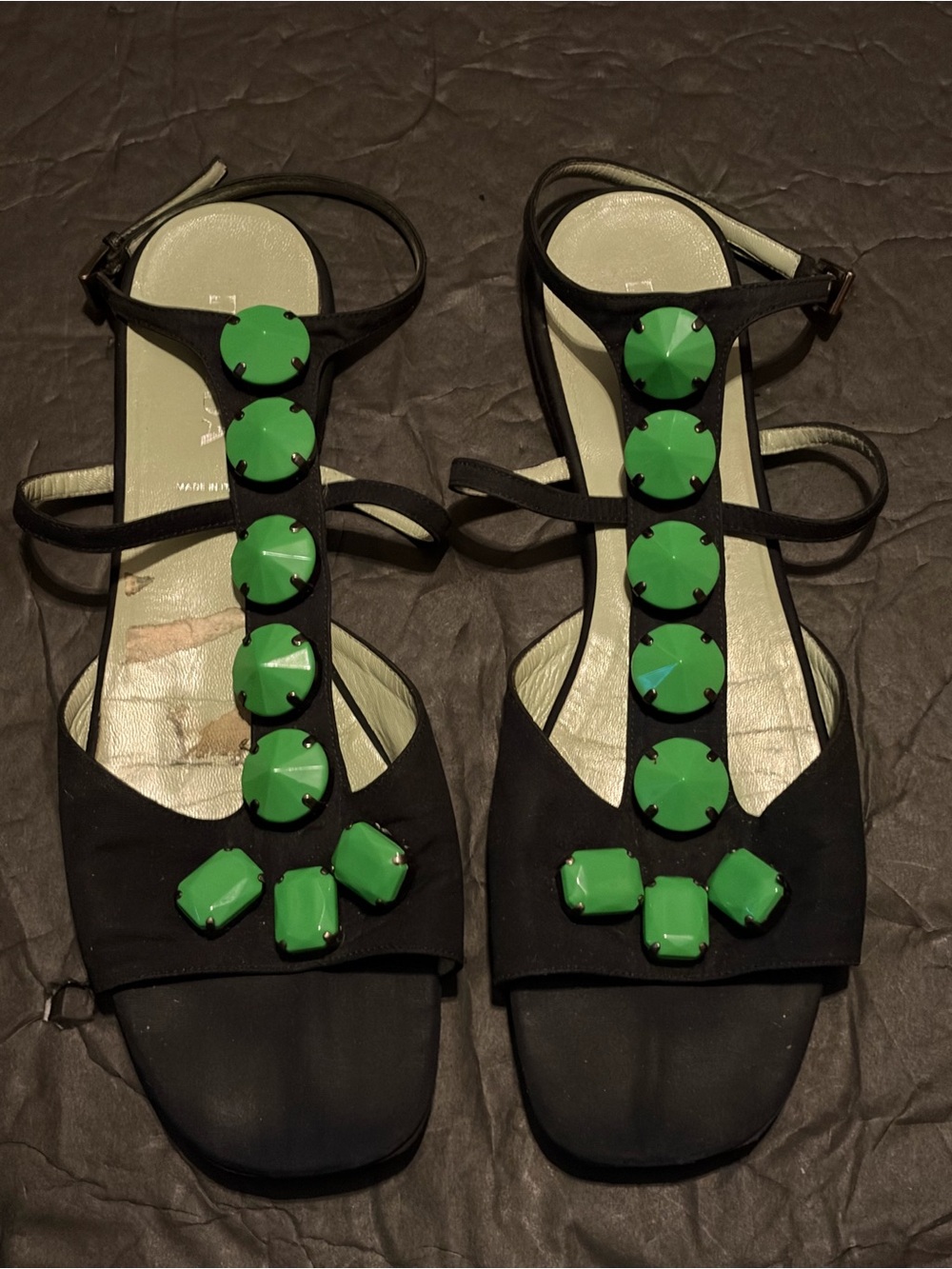 Vtg Prada Embellishment Green Stones Black  Brocade Flats Size 40